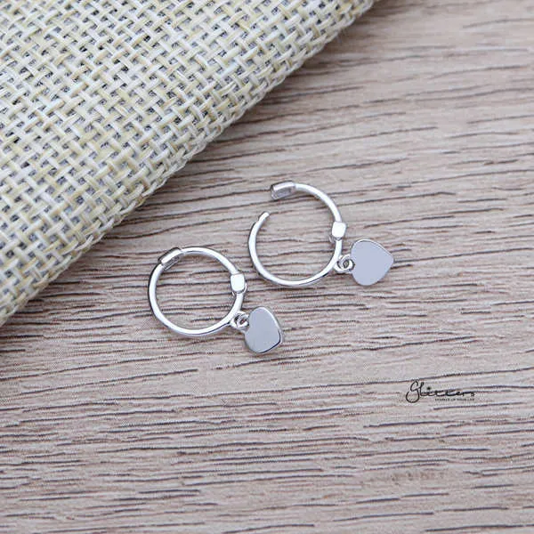 925 Sterling Silver Plain One-Touch Hoop Earrings with Dangle Heart
