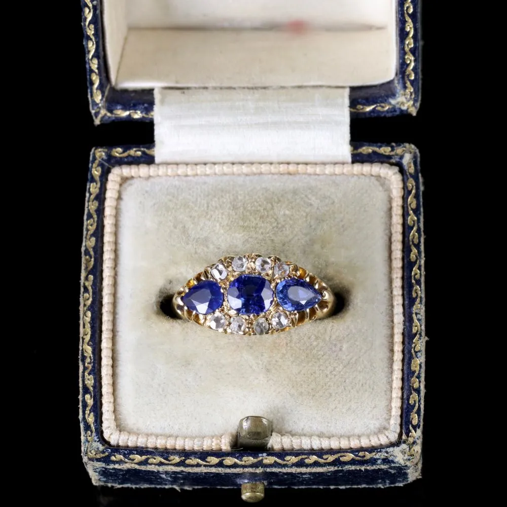 Antique Edwardian Sapphire Diamond Trilogy Ring 18Ct Dated 1904/05