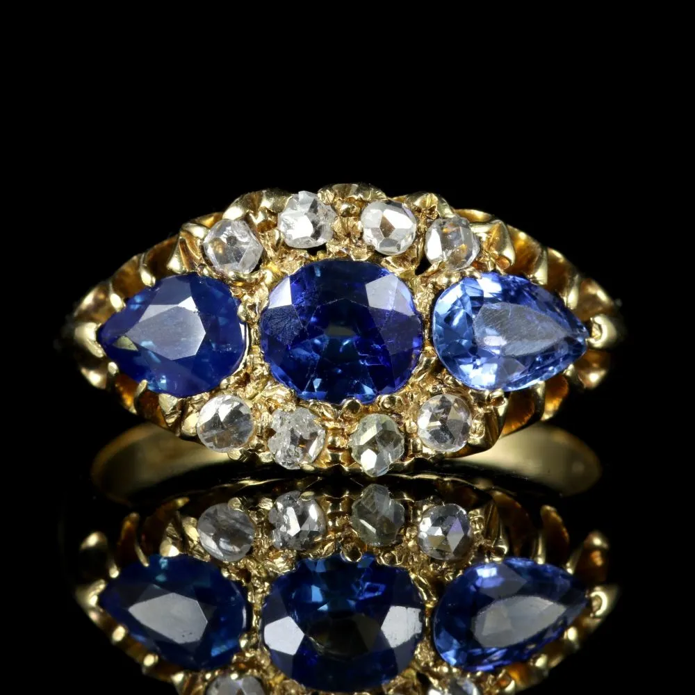 Antique Edwardian Sapphire Diamond Trilogy Ring 18Ct Dated 1904/05