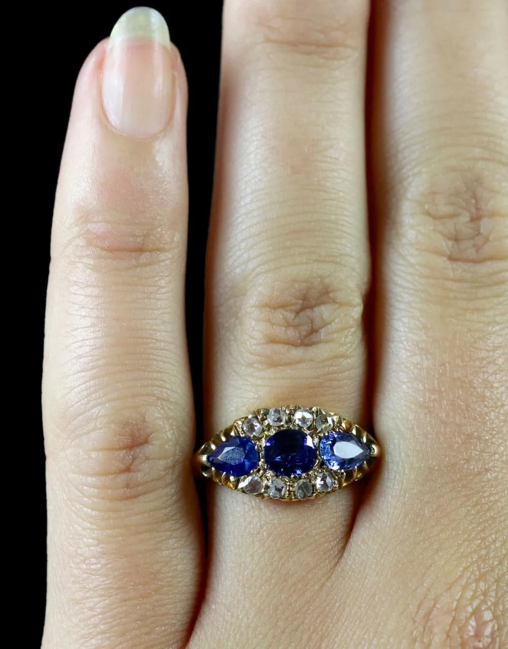 Antique Edwardian Sapphire Diamond Trilogy Ring 18Ct Dated 1904/05