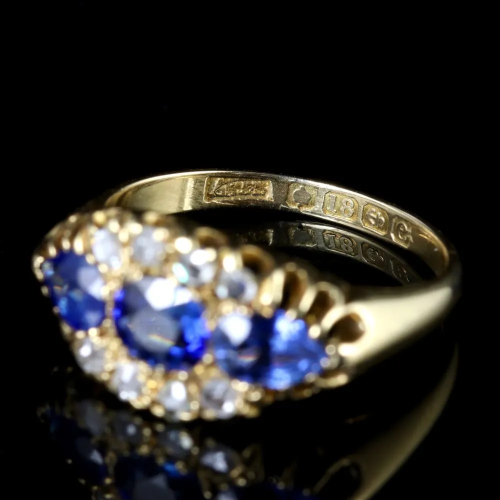 Antique Edwardian Sapphire Diamond Trilogy Ring 18Ct Dated 1904/05