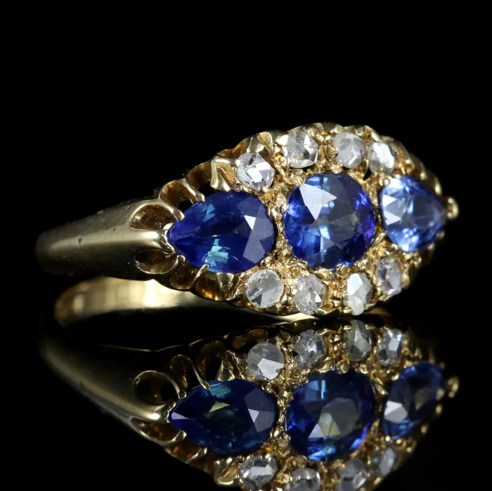 Antique Edwardian Sapphire Diamond Trilogy Ring 18Ct Dated 1904/05