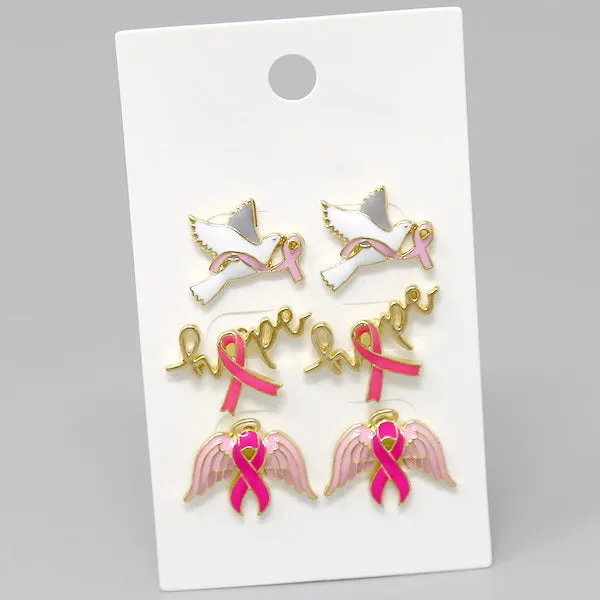 Breast Cancer Pink Ribbon Theme Stud Earring Set