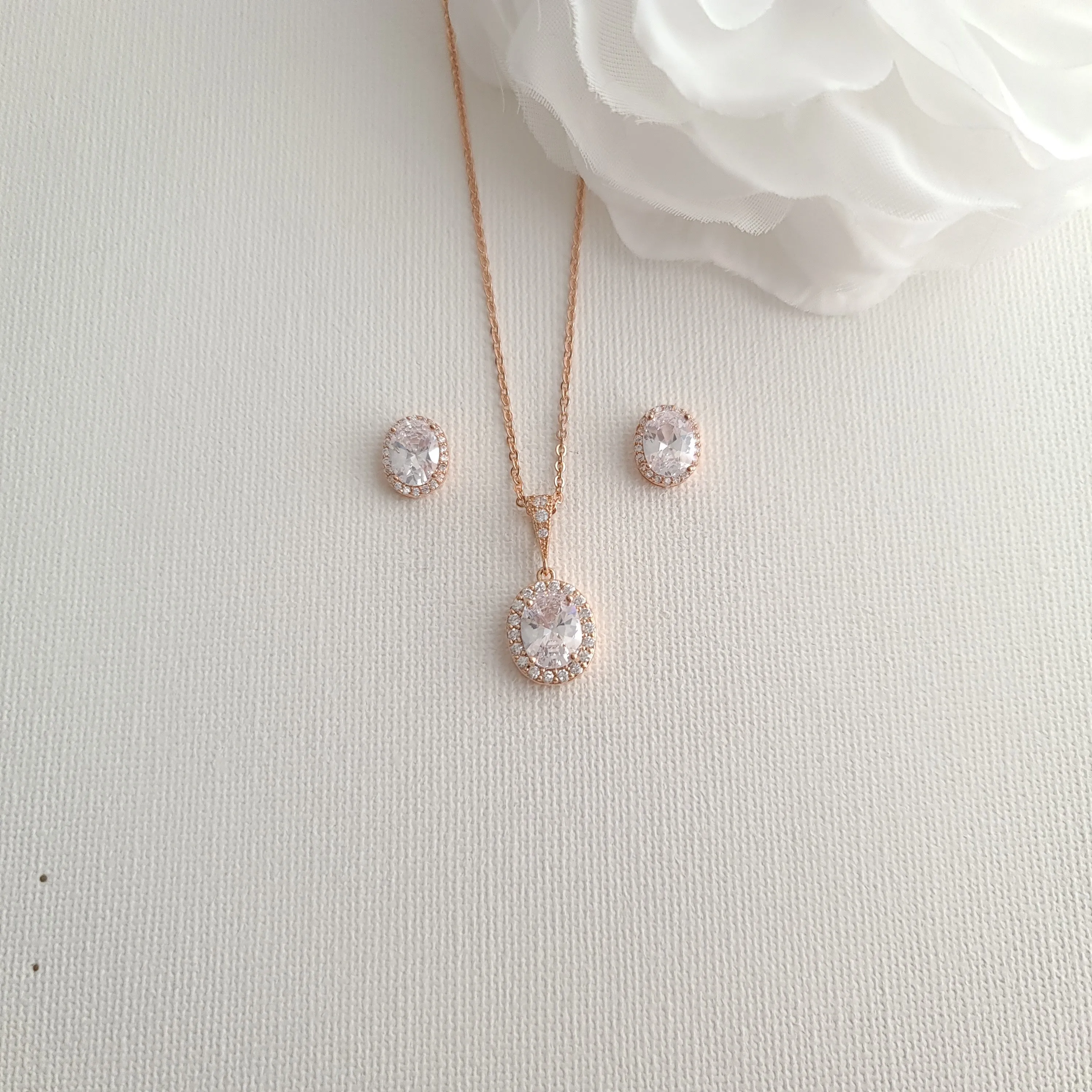 Brides & Bridesmaids Oval Stud Earrings and Necklace Set-Emily