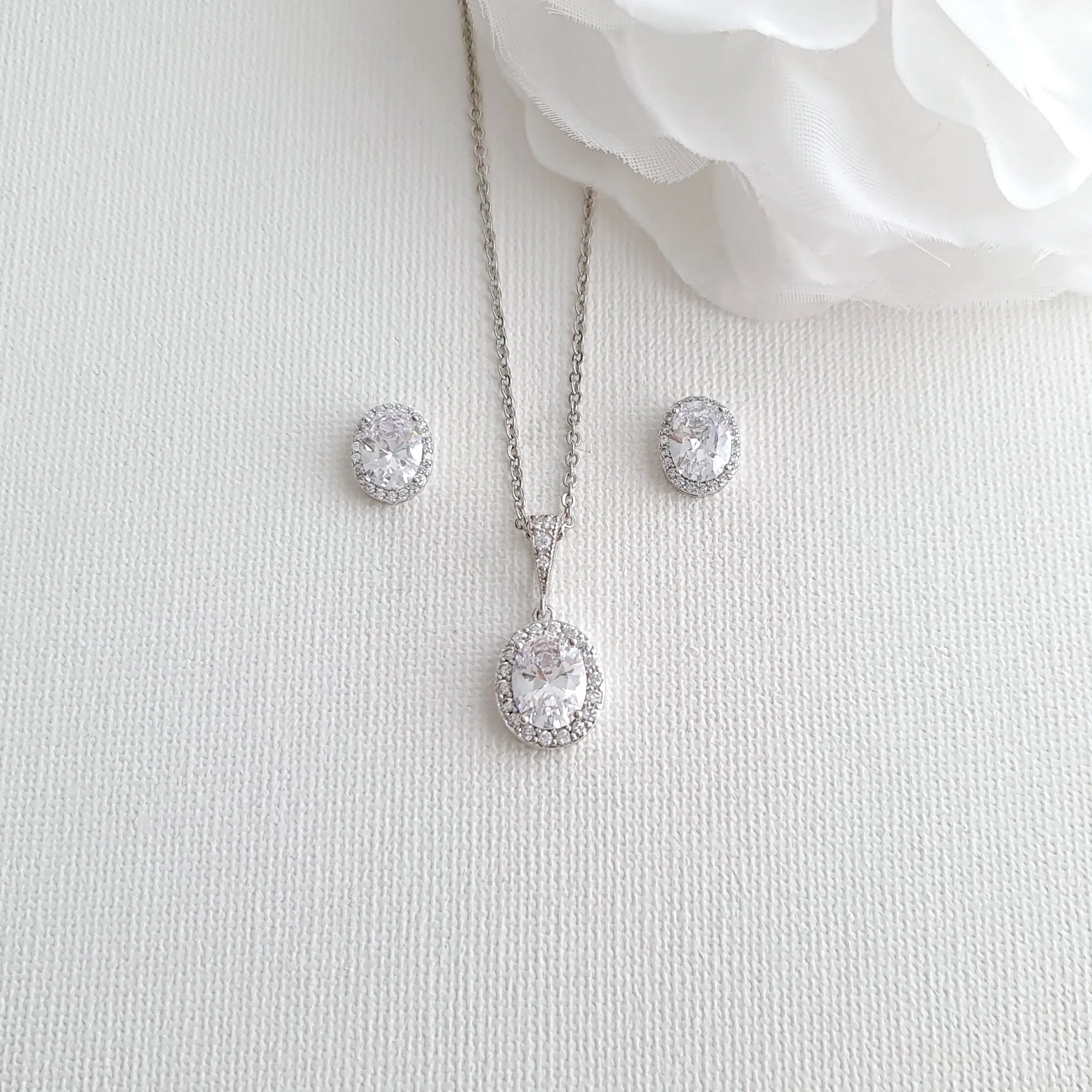 Brides & Bridesmaids Oval Stud Earrings and Necklace Set-Emily