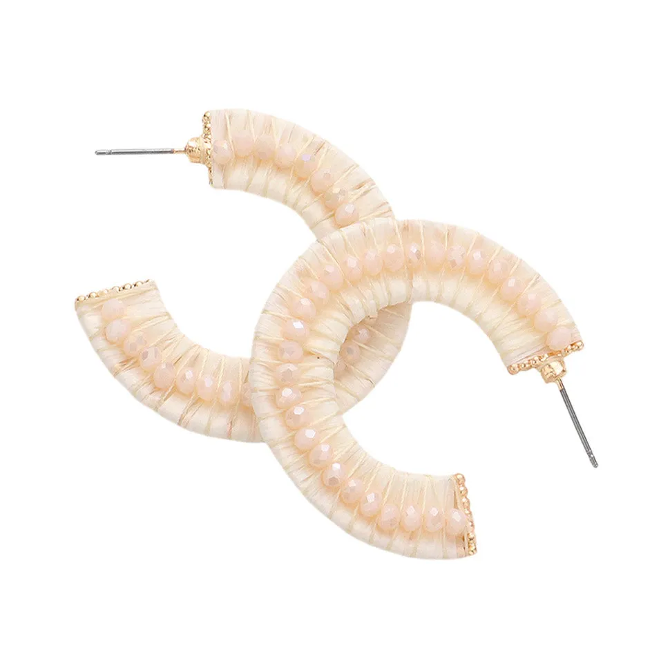 Faceted Bead Embellished Raffia Wrapped Hoop Earrings
