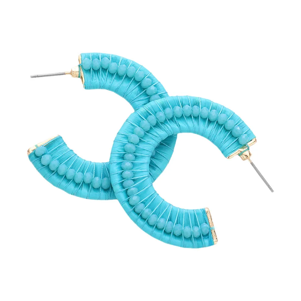 Faceted Bead Embellished Raffia Wrapped Hoop Earrings