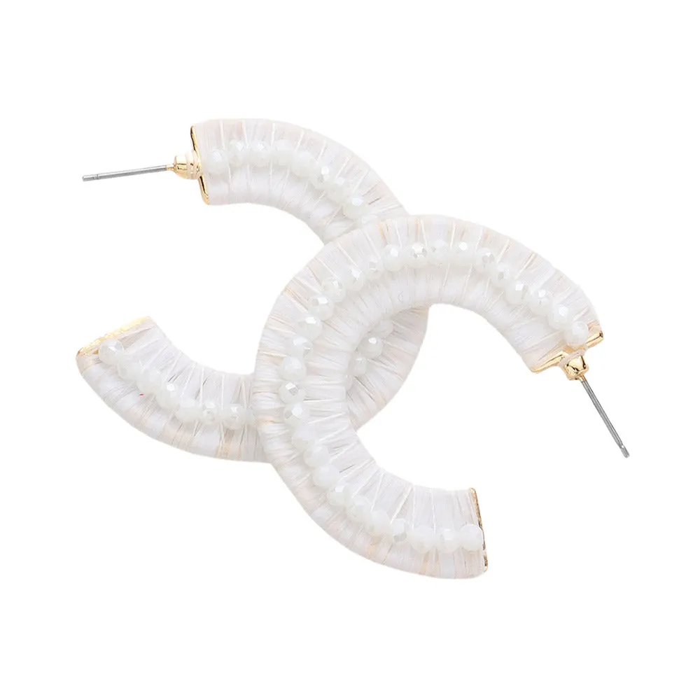 Faceted Bead Embellished Raffia Wrapped Hoop Earrings