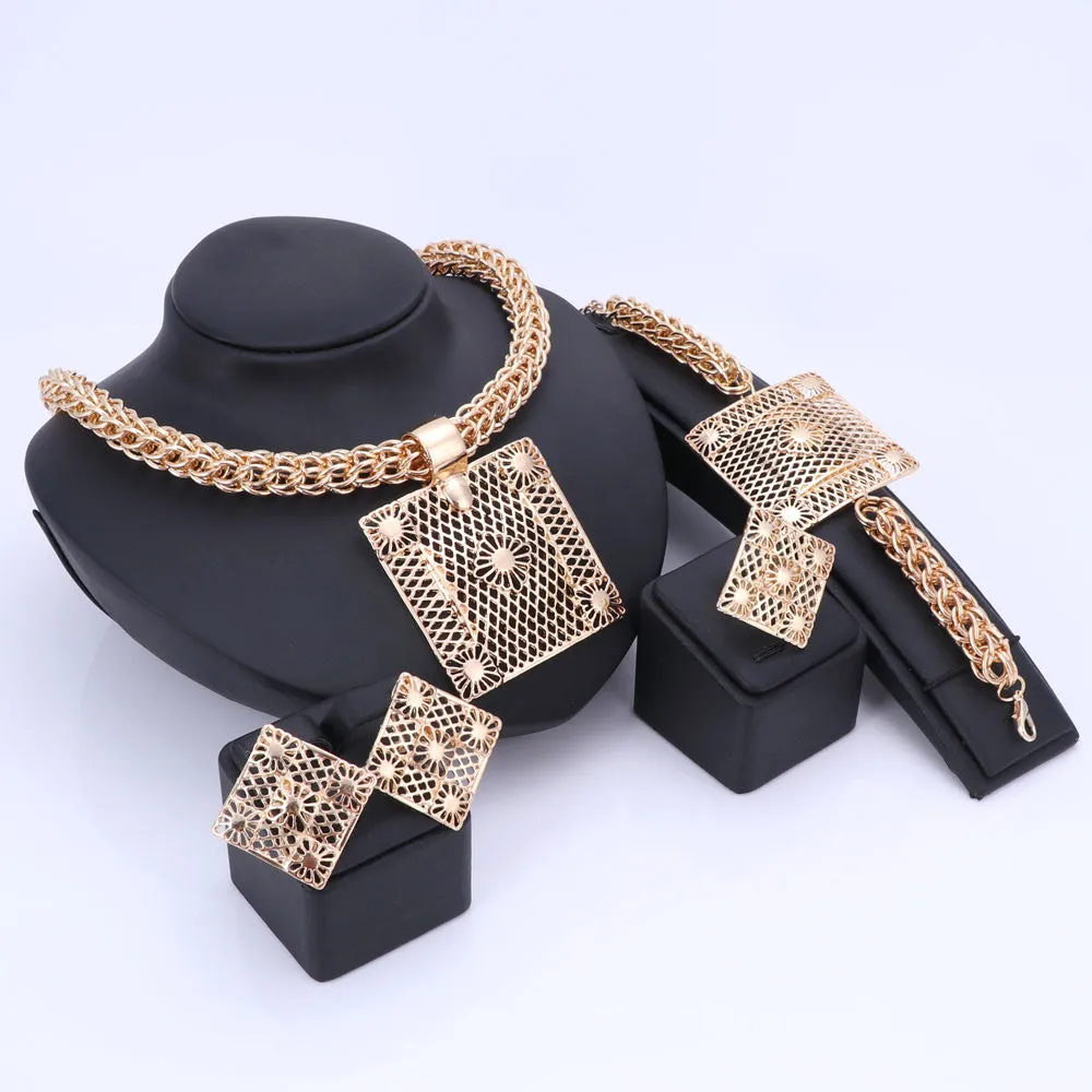 Gold/Silver-Plated Flower Square Necklace, Bracelet, Earrings & Ring Wedding Statement Jewelry Set