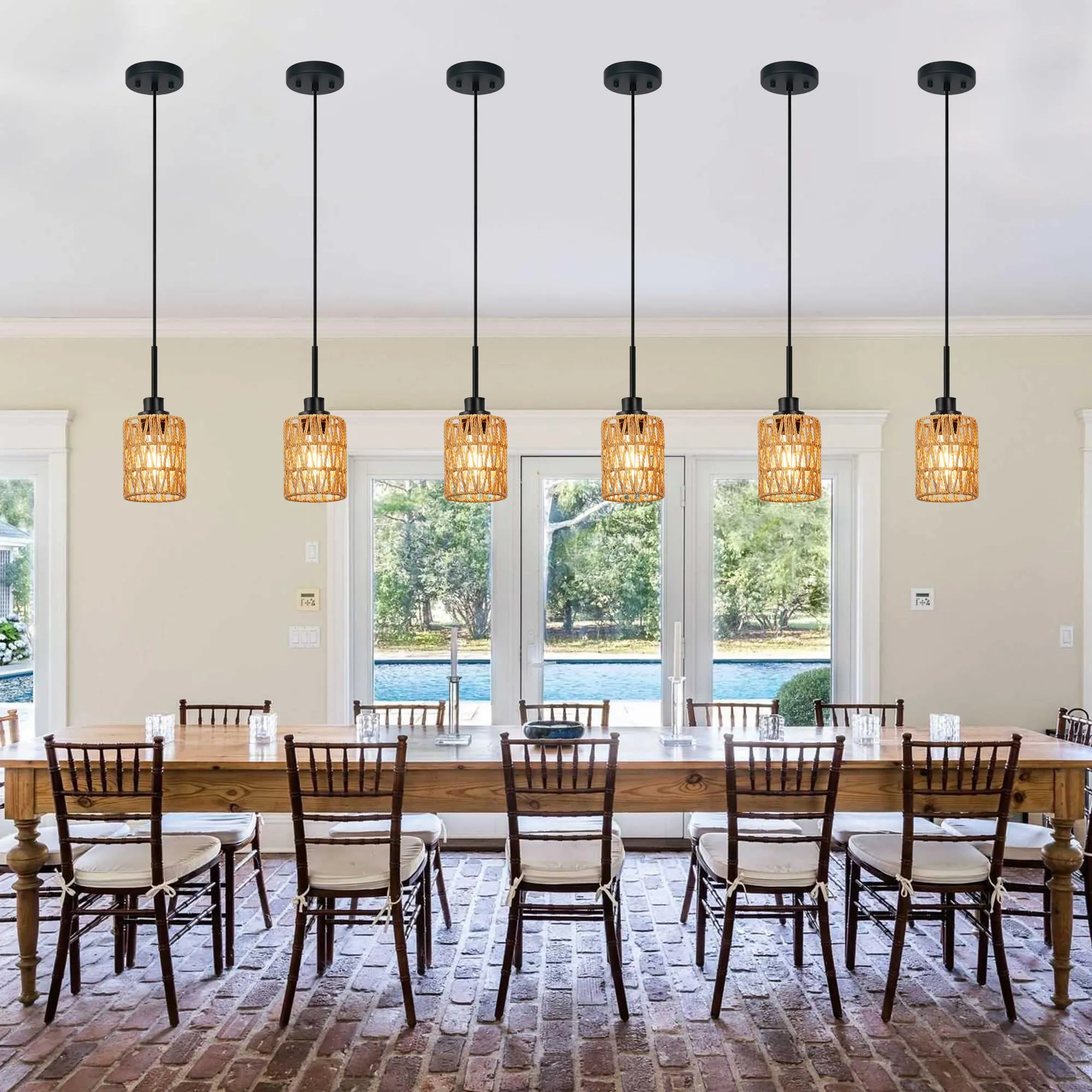 MELUEE Rattan Kitchen Island Pendant Lighting Black 3 Pack Boho Style Rattan Light Fixtures Ceiling Hanging with Hand Woven Rattan Lamp Shade for Bar Dining Room Corridor