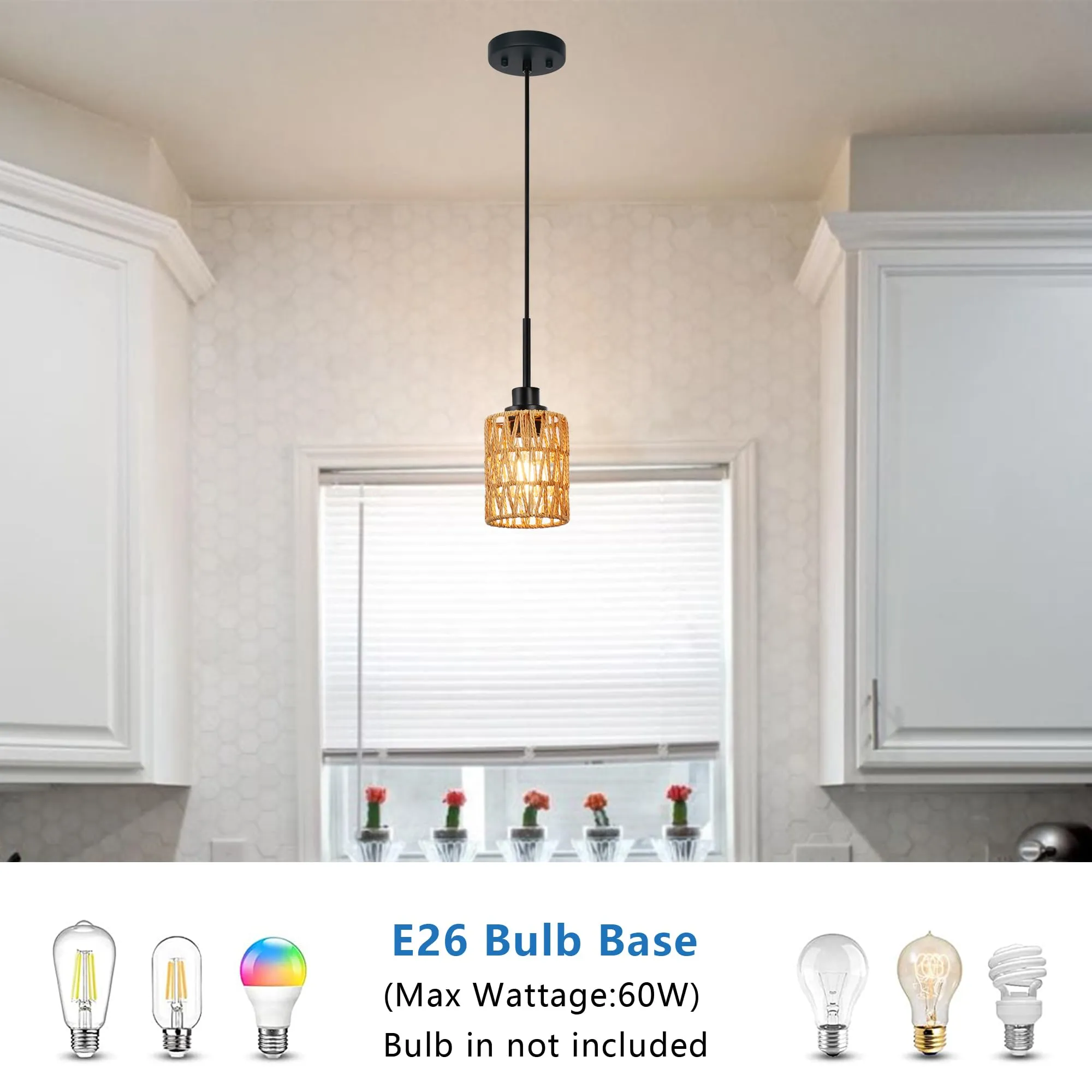 MELUEE Rattan Kitchen Island Pendant Lighting Black 3 Pack Boho Style Rattan Light Fixtures Ceiling Hanging with Hand Woven Rattan Lamp Shade for Bar Dining Room Corridor