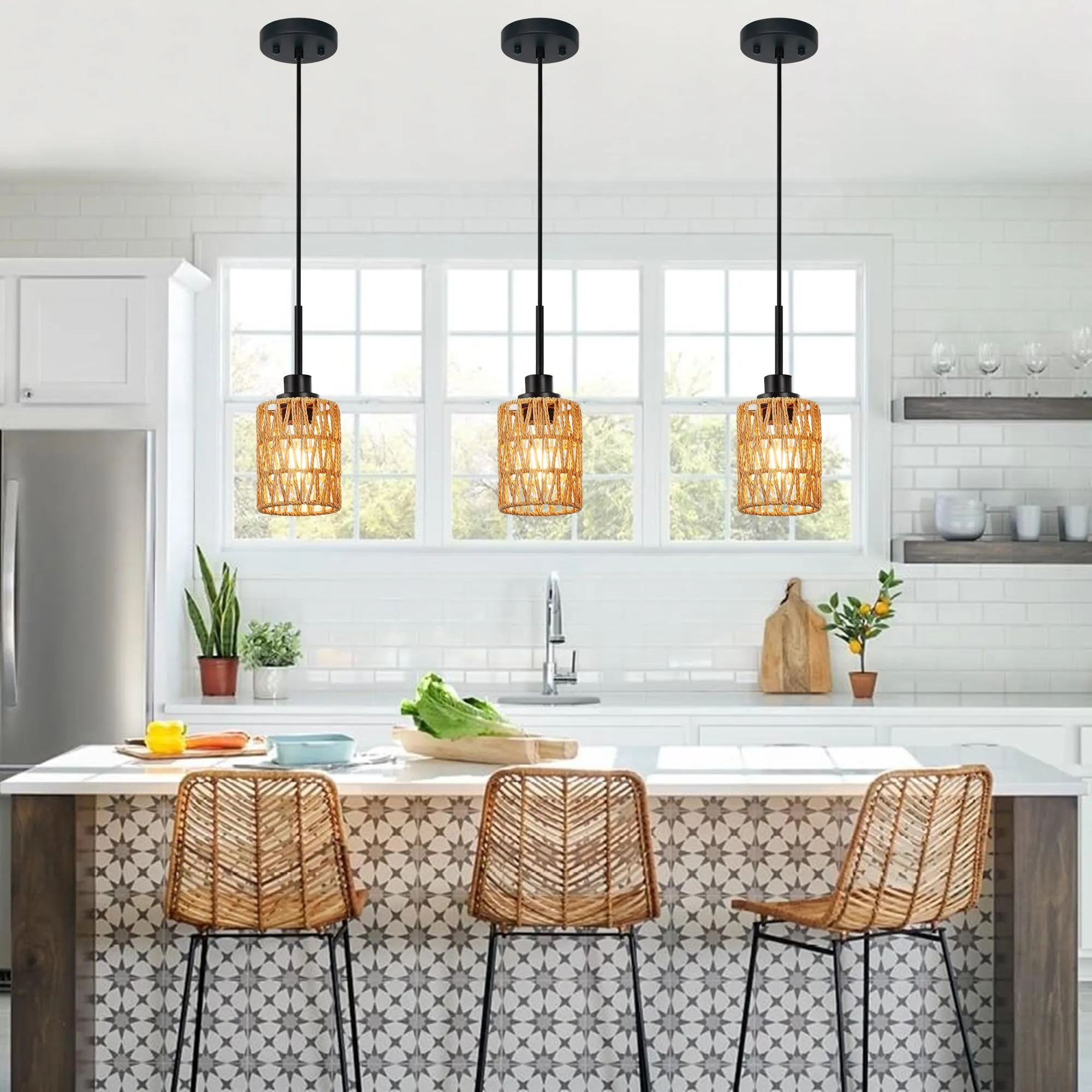 MELUEE Rattan Kitchen Island Pendant Lighting Black 3 Pack Boho Style Rattan Light Fixtures Ceiling Hanging with Hand Woven Rattan Lamp Shade for Bar Dining Room Corridor