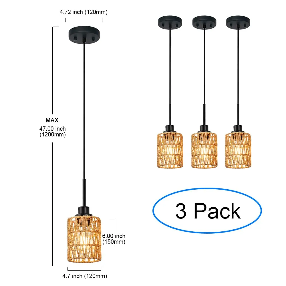 MELUEE Rattan Kitchen Island Pendant Lighting Black 3 Pack Boho Style Rattan Light Fixtures Ceiling Hanging with Hand Woven Rattan Lamp Shade for Bar Dining Room Corridor