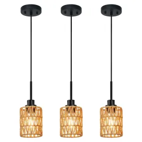 MELUEE Rattan Kitchen Island Pendant Lighting Black 3 Pack Boho Style Rattan Light Fixtures Ceiling Hanging with Hand Woven Rattan Lamp Shade for Bar Dining Room Corridor