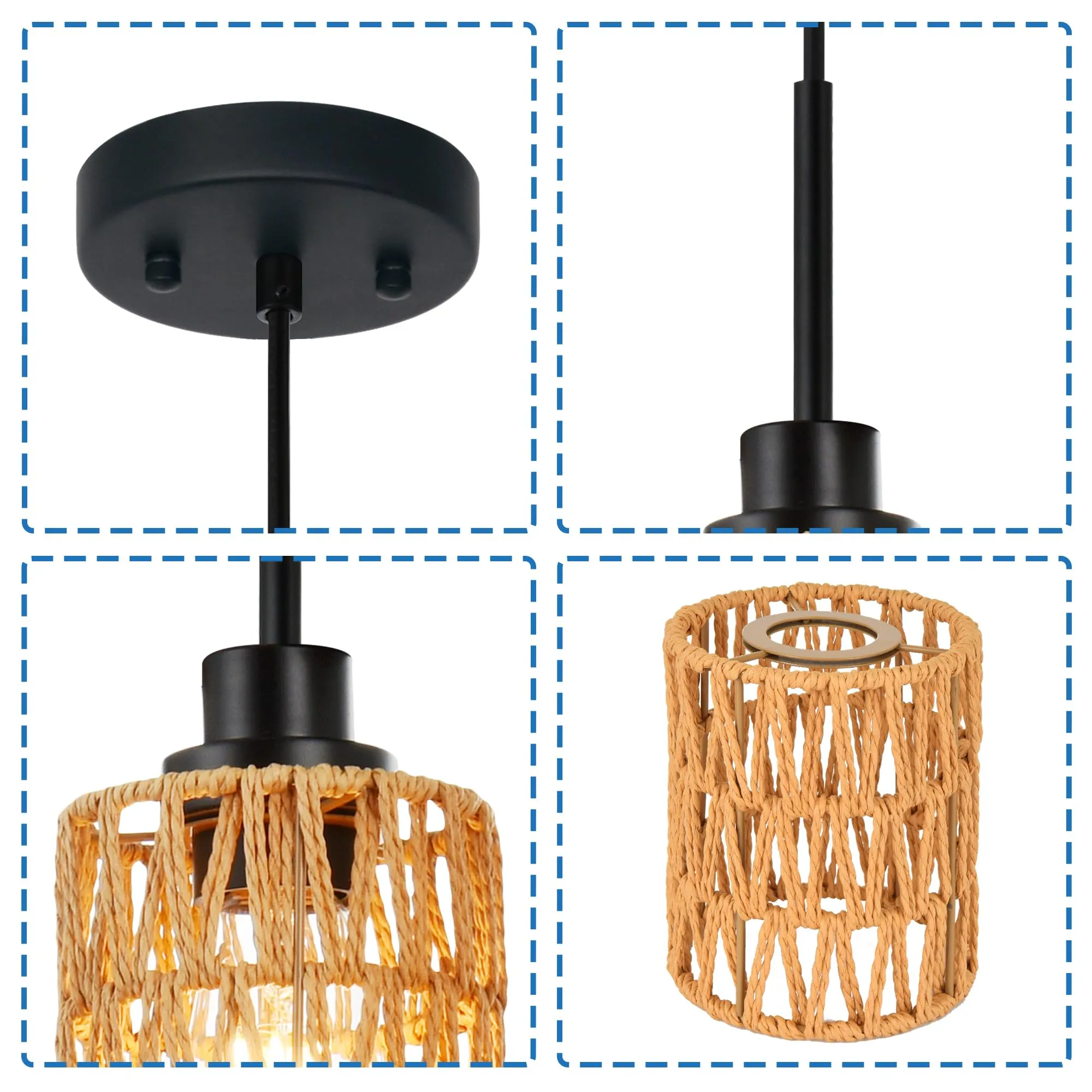 MELUEE Rattan Kitchen Island Pendant Lighting Black 3 Pack Boho Style Rattan Light Fixtures Ceiling Hanging with Hand Woven Rattan Lamp Shade for Bar Dining Room Corridor