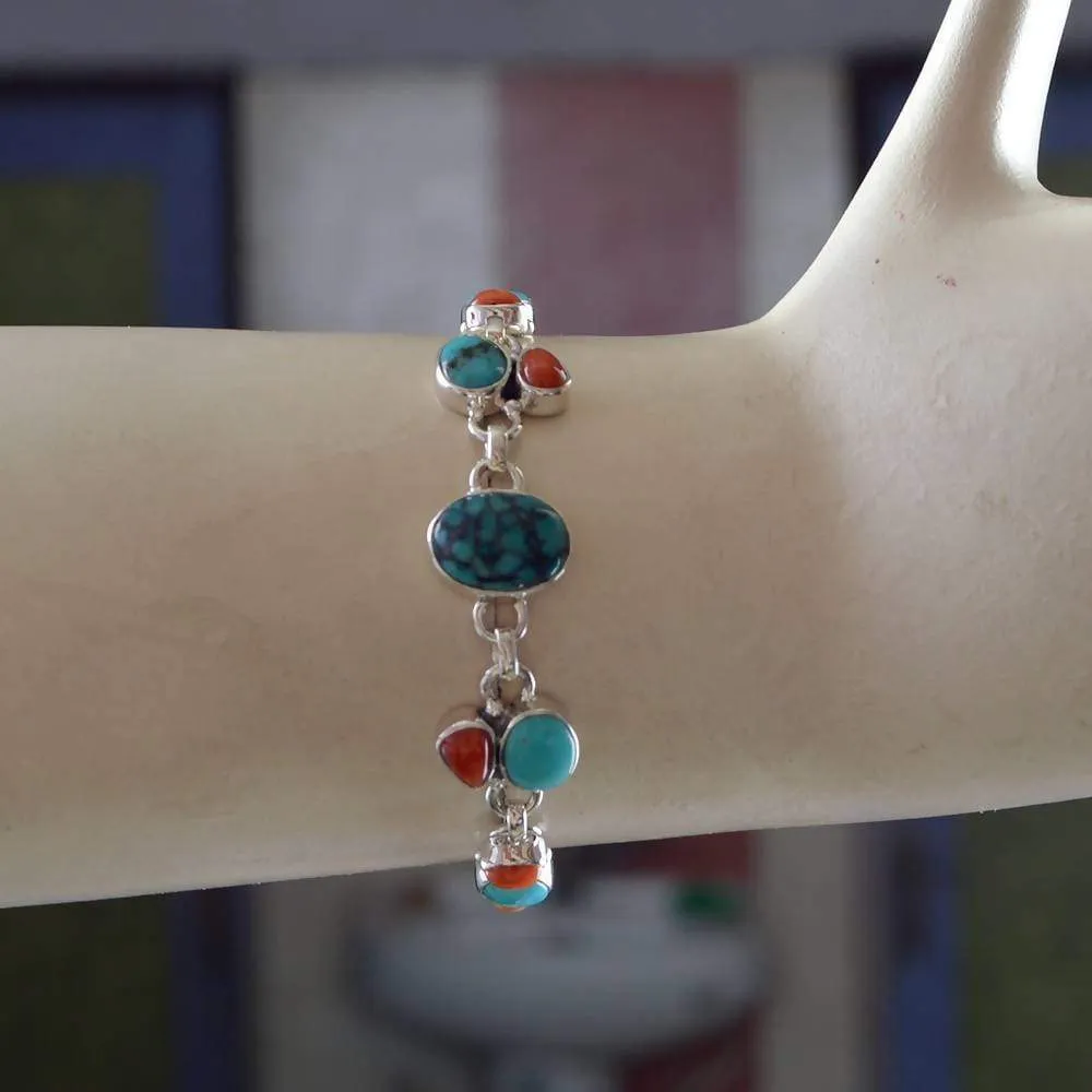 Natural Arizona Turquoise, Coral, Sponge Coral And Tibetan Turquoise 925 Solid Silver Bracelet