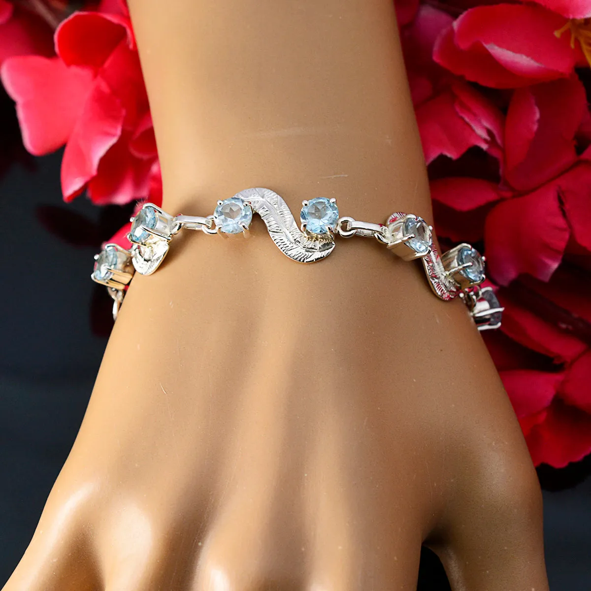 Riyo Adorable 925 Sterling Silver Bracelet For Women Blue Topaz Bracelet Prong Setting Bracelet with Fish Hook Link Bracelet L Size 6-8.5 Inch.