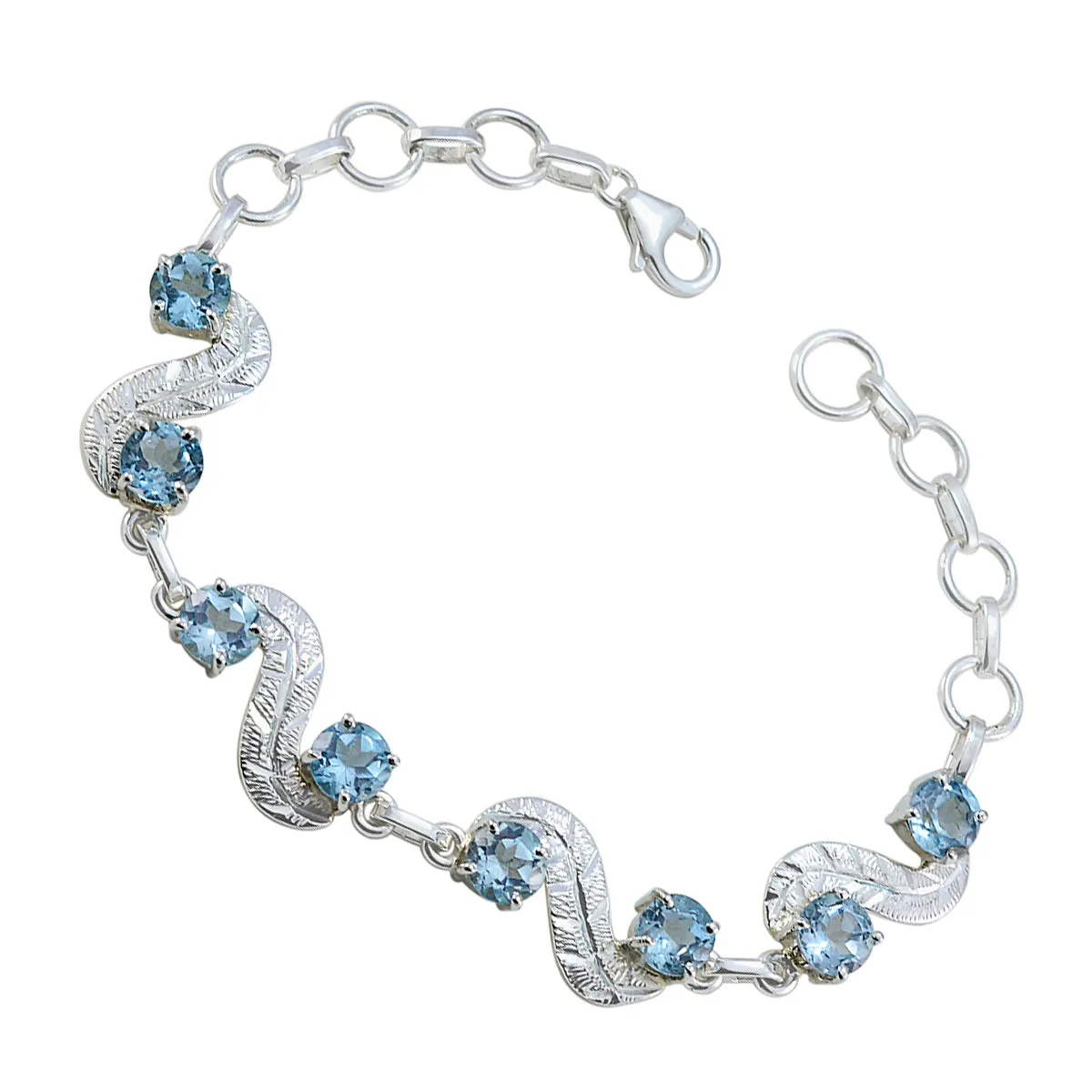 Riyo Adorable 925 Sterling Silver Bracelet For Women Blue Topaz Bracelet Prong Setting Bracelet with Fish Hook Link Bracelet L Size 6-8.5 Inch.