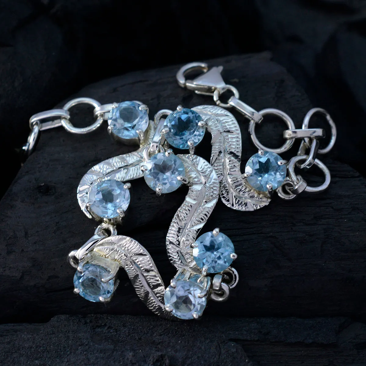 Riyo Adorable 925 Sterling Silver Bracelet For Women Blue Topaz Bracelet Prong Setting Bracelet with Fish Hook Link Bracelet L Size 6-8.5 Inch.