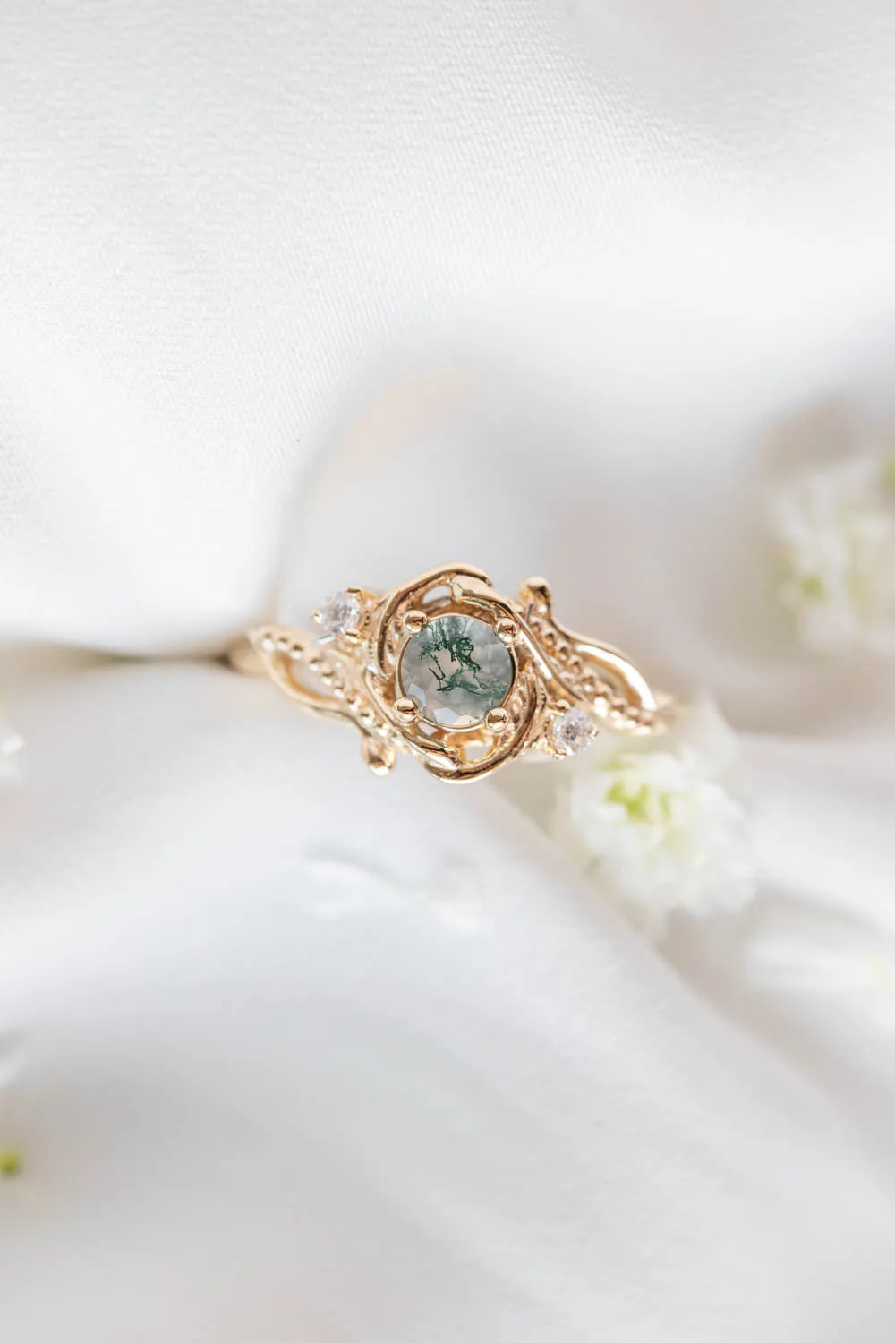 Round moss agate engagement ring with diamonds, nature themed gold ring / Undina