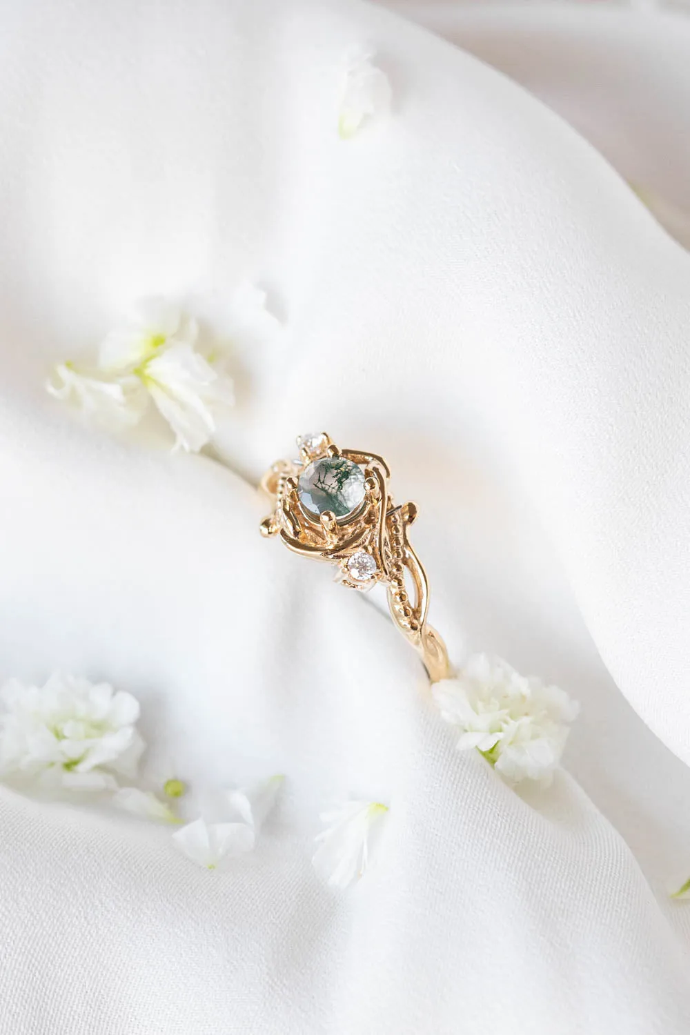Round moss agate engagement ring with diamonds, nature themed gold ring / Undina