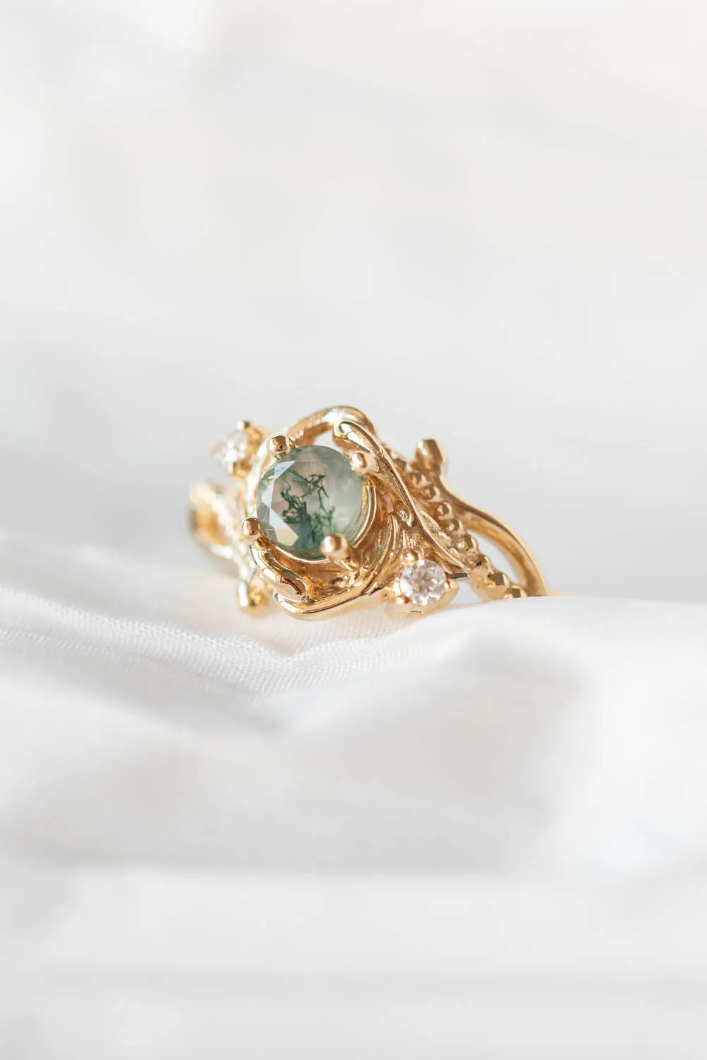 Round moss agate engagement ring with diamonds, nature themed gold ring / Undina