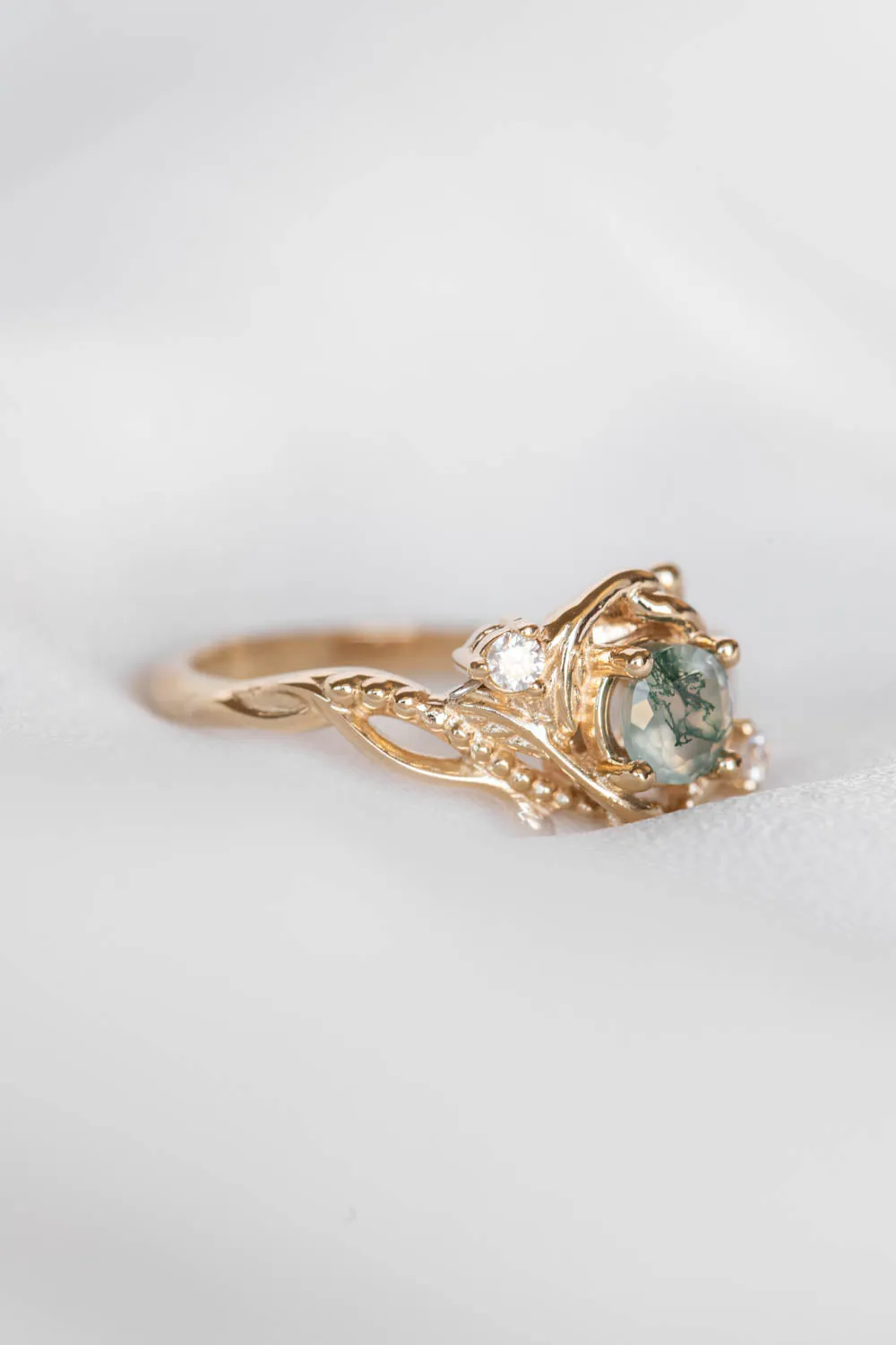 Round moss agate engagement ring with diamonds, nature themed gold ring / Undina