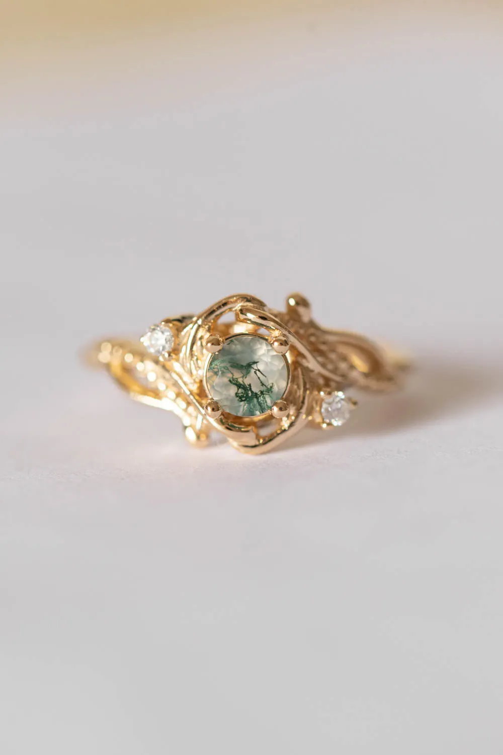 Round moss agate engagement ring with diamonds, nature themed gold ring / Undina