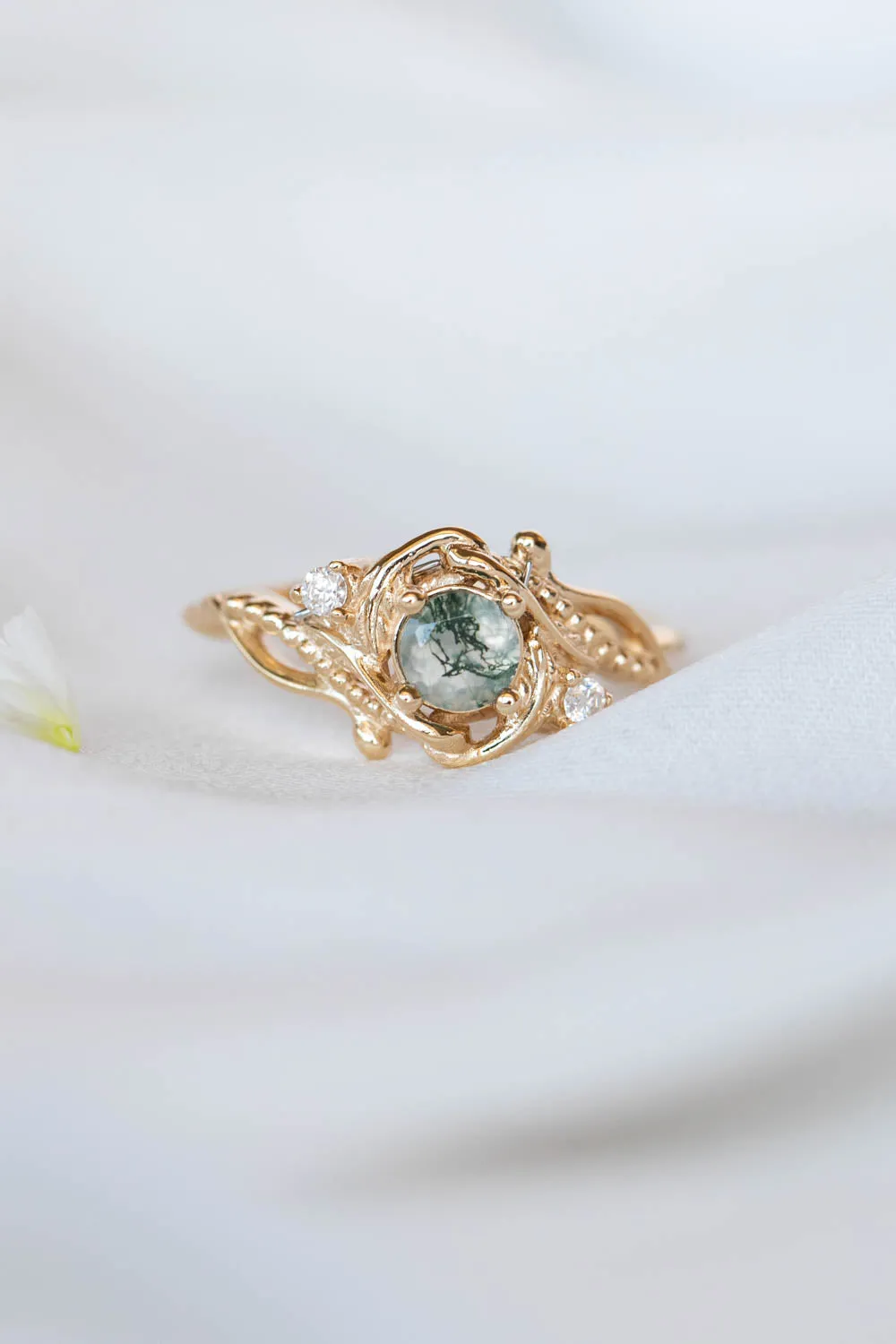 Round moss agate engagement ring with diamonds, nature themed gold ring / Undina