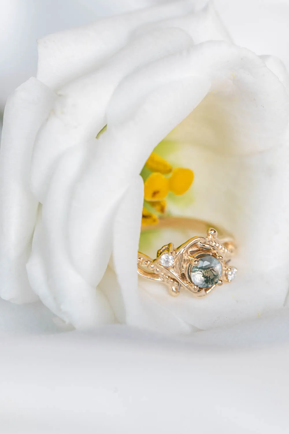 Round moss agate engagement ring with diamonds, nature themed gold ring / Undina