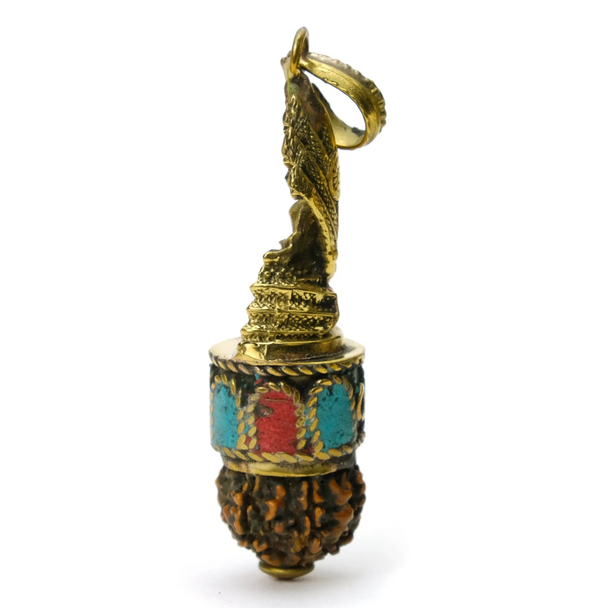Rudraksha Prayer Bead with Lord Buddha Beneath the Naga Sacred Serpent Pendant # 44 / 3