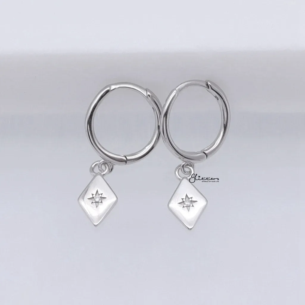 Sterling Silver Rhombus Charm Huggie Hoop Earrings - Silver