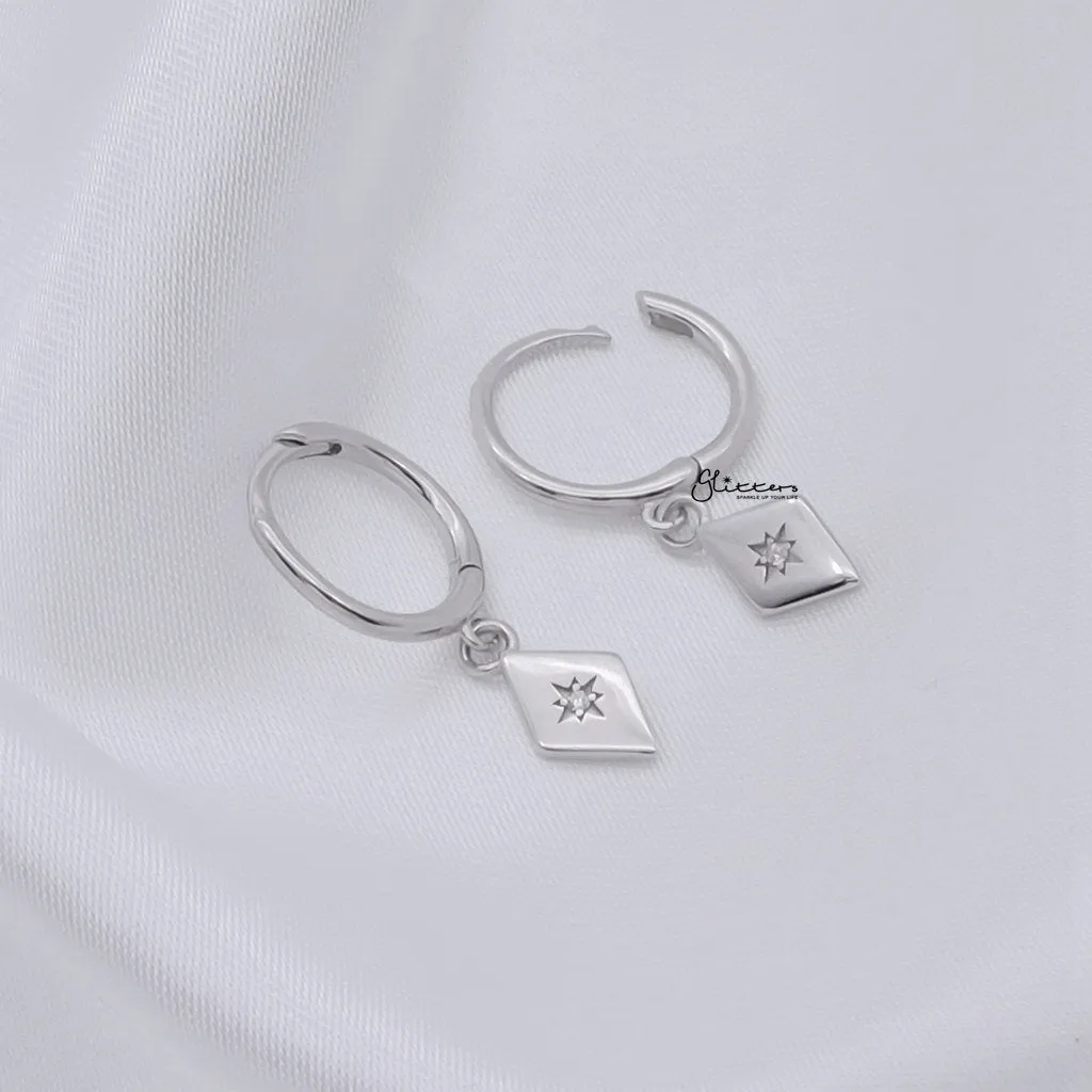 Sterling Silver Rhombus Charm Huggie Hoop Earrings - Silver