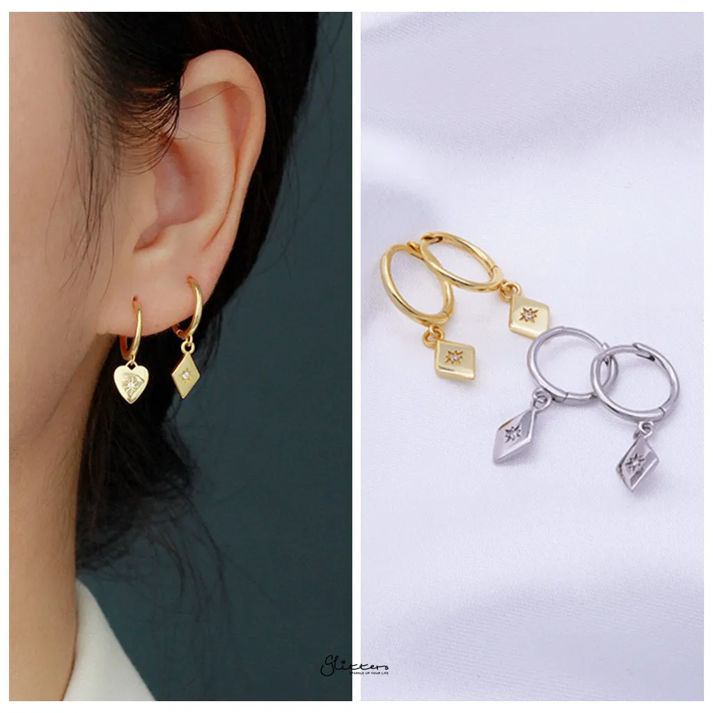 Sterling Silver Rhombus Charm Huggie Hoop Earrings - Silver